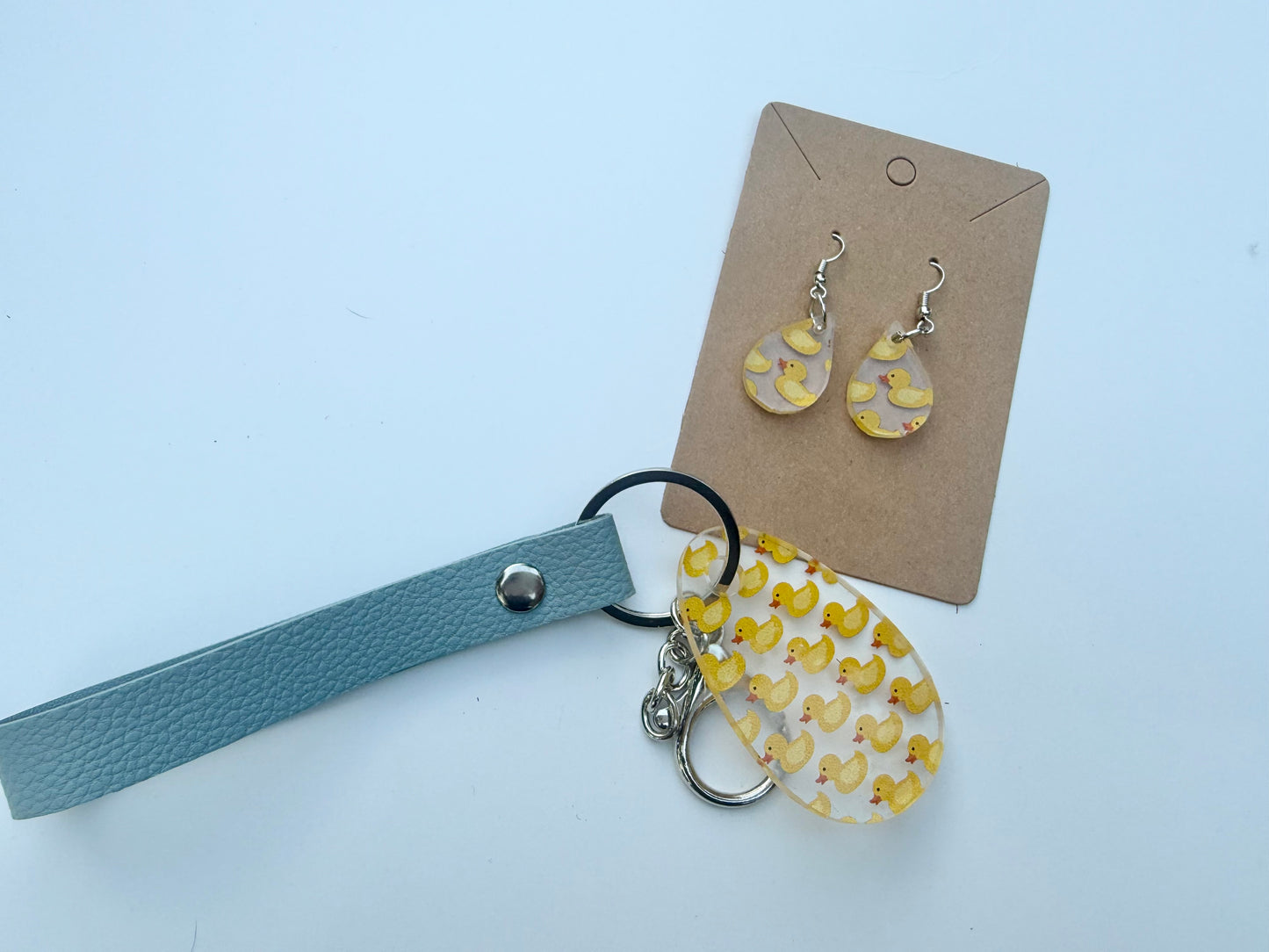 Rubber Duck Acrylic Keychain with Blue Faux Leather Strap