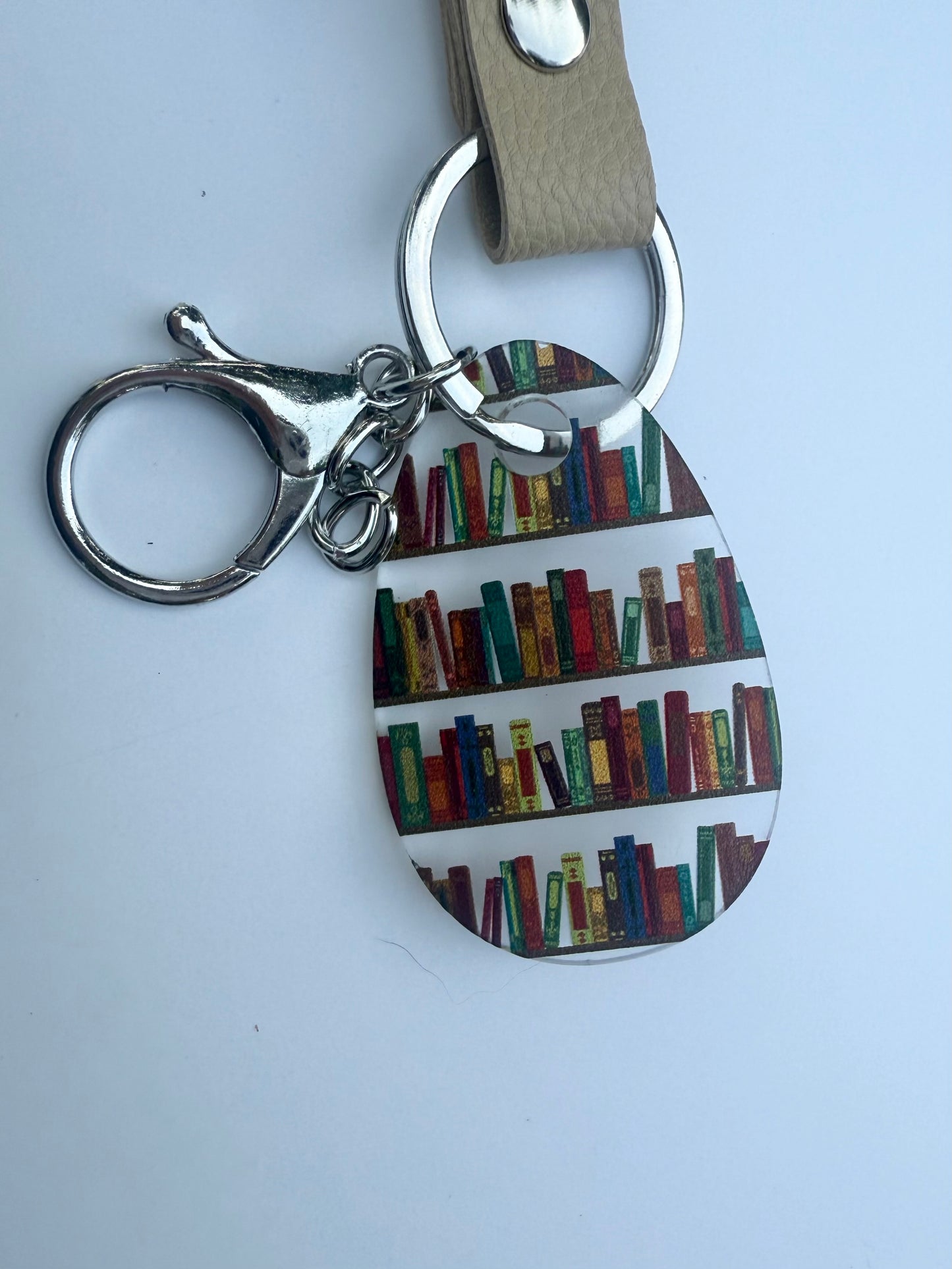 Book Lover Acrylic Keychain with Tan Faux Leather Strap