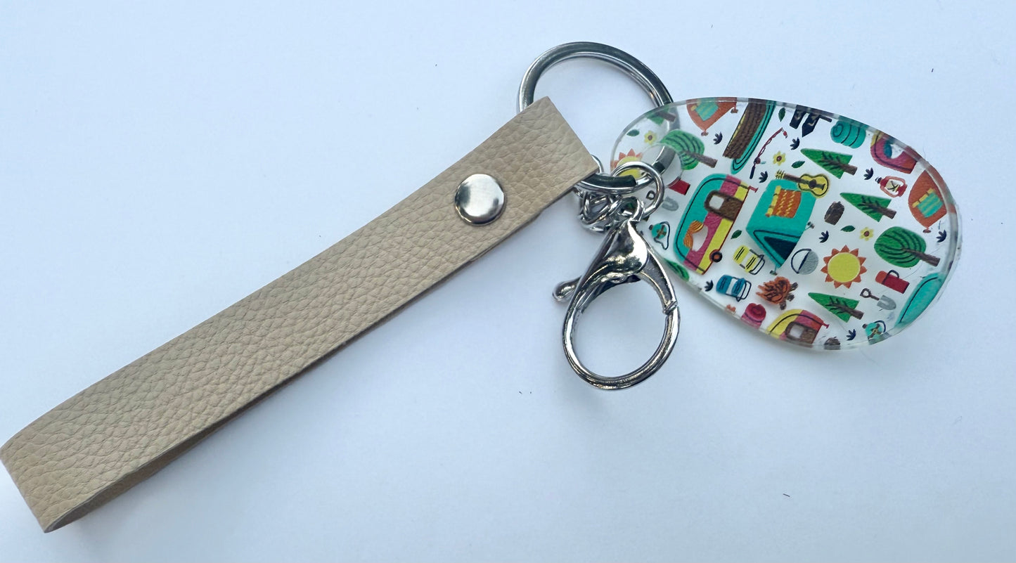 Camper Acrylic Keychain with Light Brown Faux Leather Strap