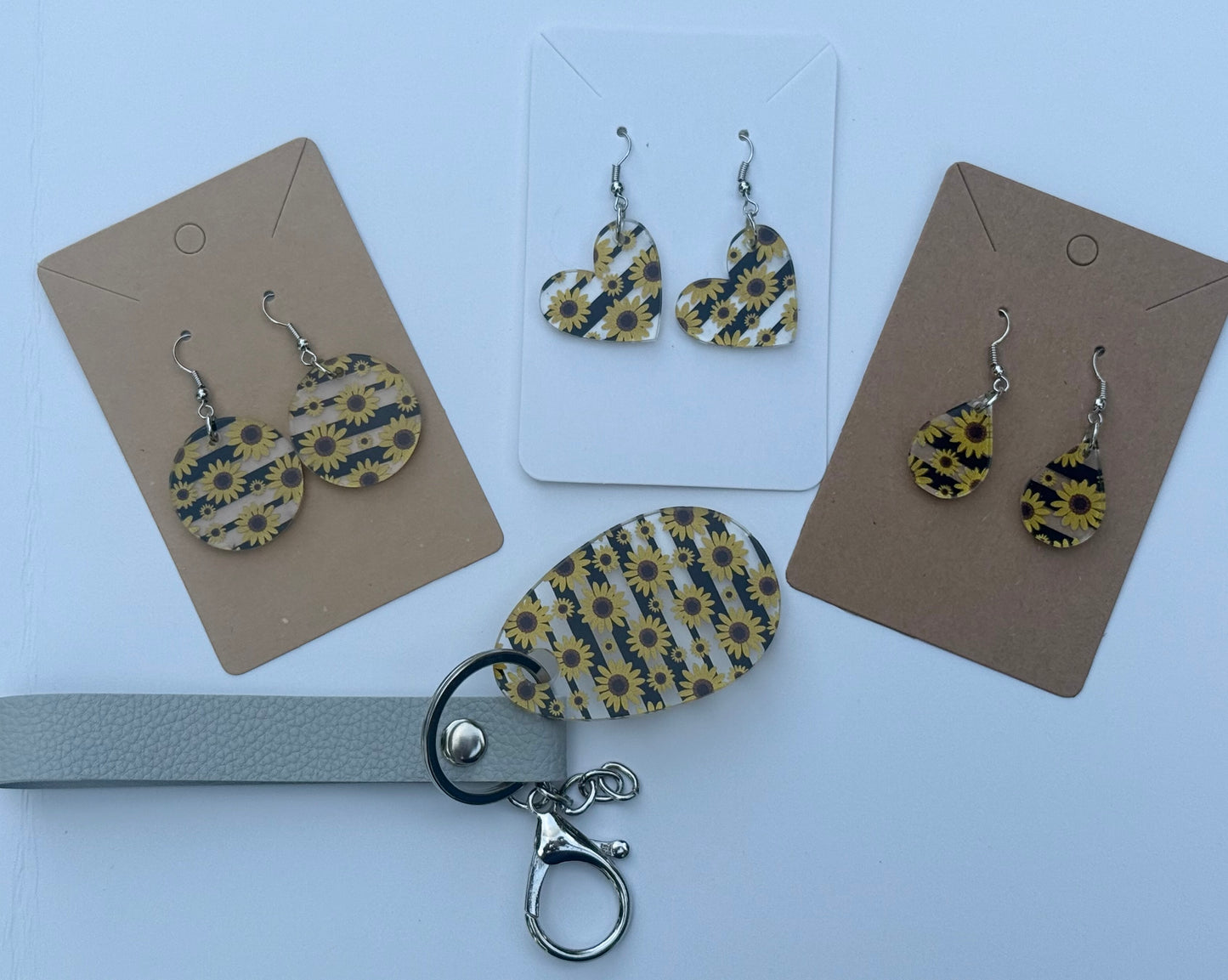 Sunflower Acrylic Keychain with Gray Faux Leather Strap