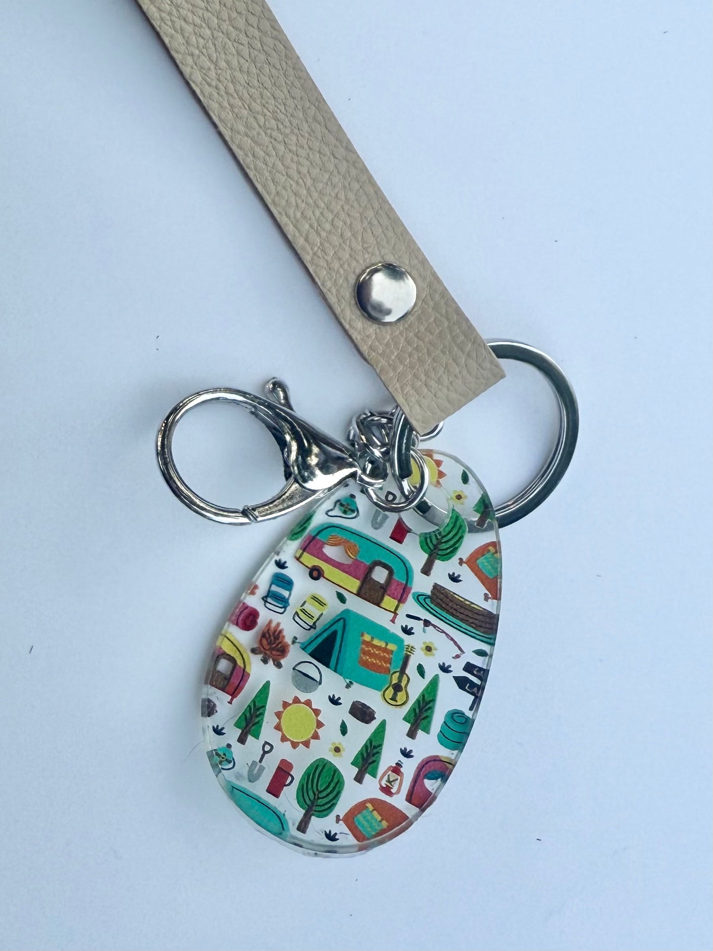 Camper Acrylic Keychain with Light Brown Faux Leather Strap