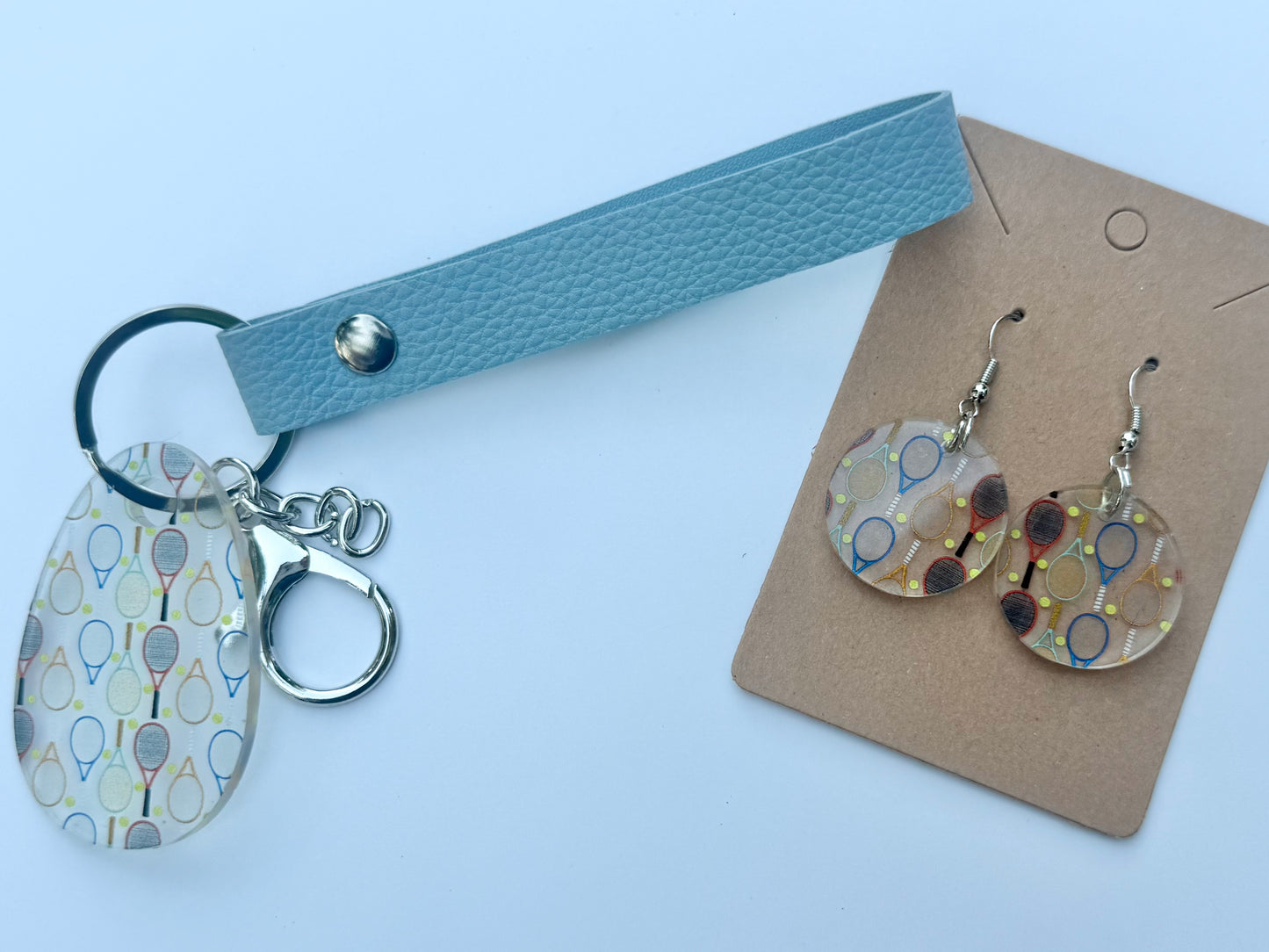 Tennis Acrylic Keychain with Blue Faux Leather Strap