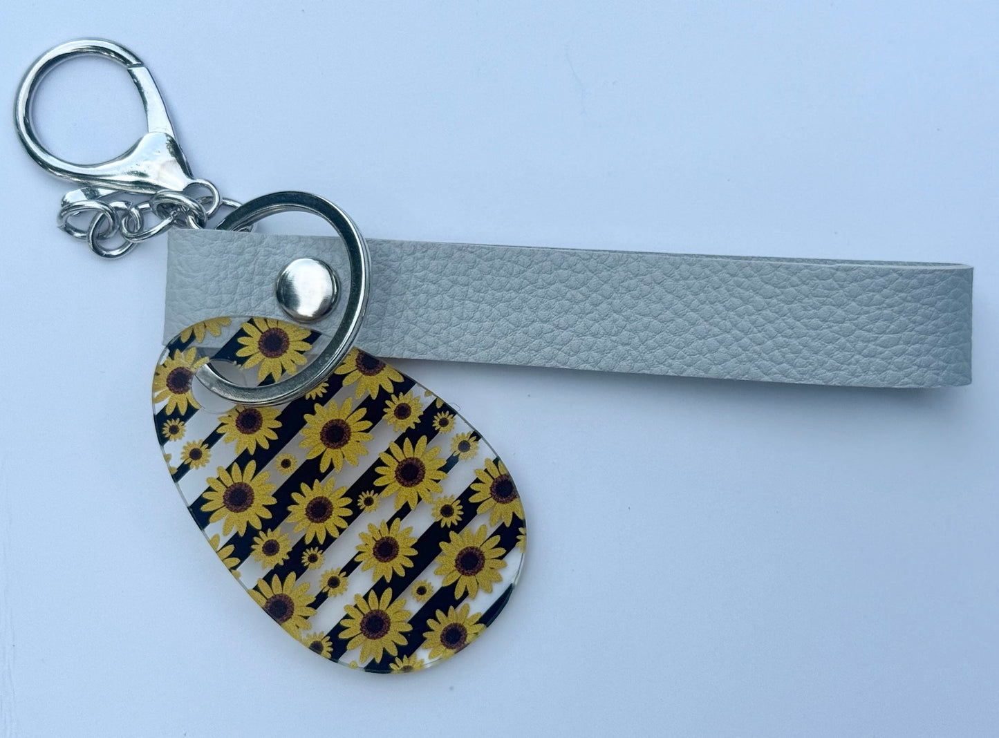Sunflower Acrylic Keychain with Gray Faux Leather Strap