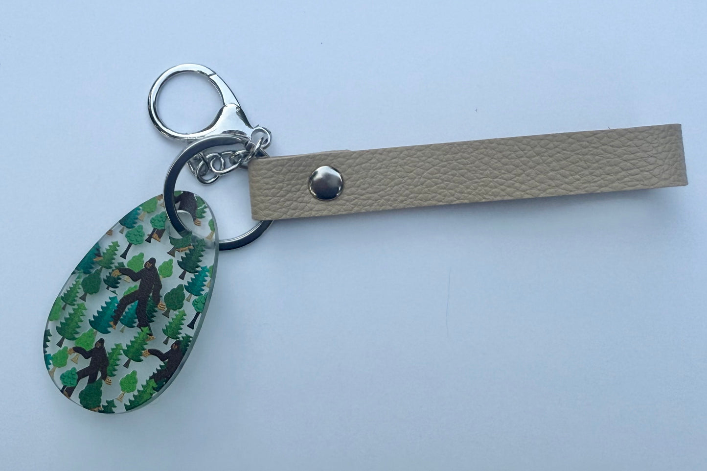 Bigfoot Acrylic Keychain with Tan Faux Leather Strap
