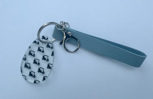 Golf Cart Acrylic Keychain with Blue Faux Leather Strap