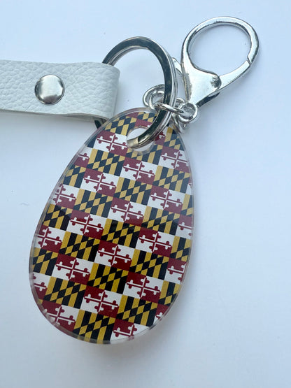 Maryland Flag Acrylic Keychain with White Faux Leather Strap