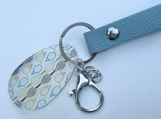 Tennis Acrylic Keychain with Blue Faux Leather Strap