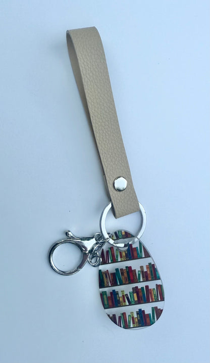 Book Lover Acrylic Keychain with Tan Faux Leather Strap