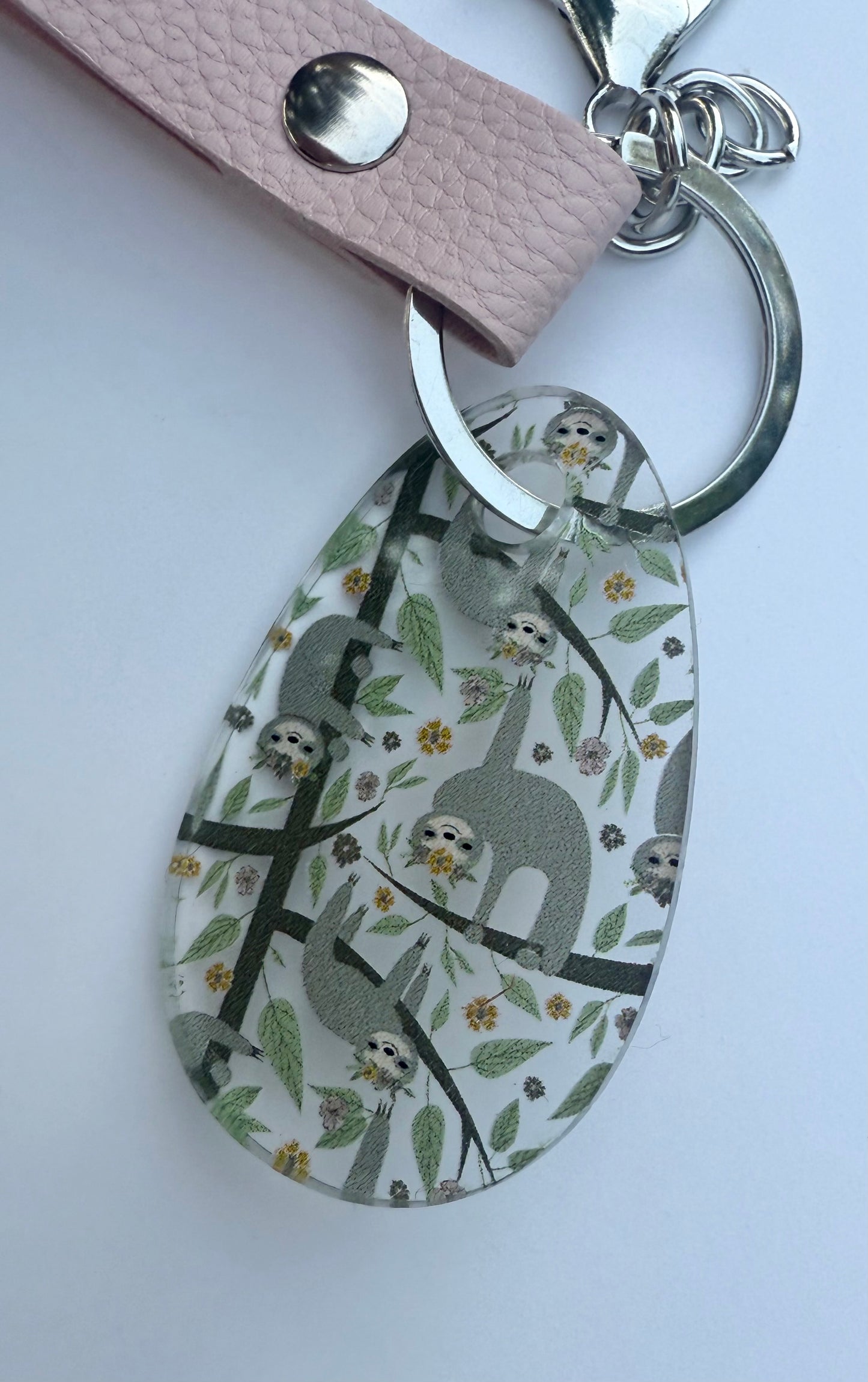Sloth Acrylic Keychain with Pink Faux Leather Stra