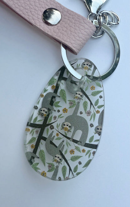 Sloth Acrylic Keychain with Pink Faux Leather Stra