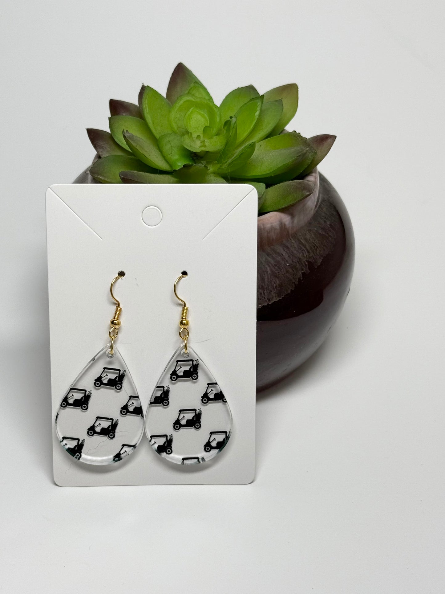 Golf Cart Earrings= Clear Acrylic Laser Cut
