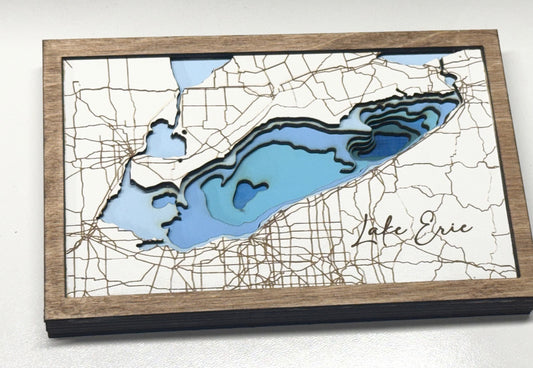 Lake Erie– Small Wooden Topographic Map  8.30” W x 5.25” H