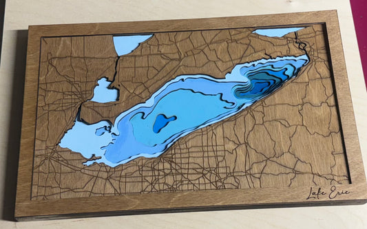 Lake Erie– Wooden Topographic Map  17” W x 10.5” H