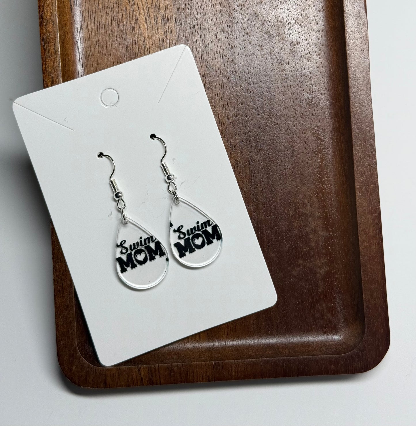 Swim Mom Earrings Laser Cut Clear Acrylic