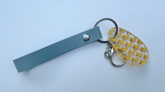 Rubber Duck Acrylic Keychain with Blue Faux Leather Strap