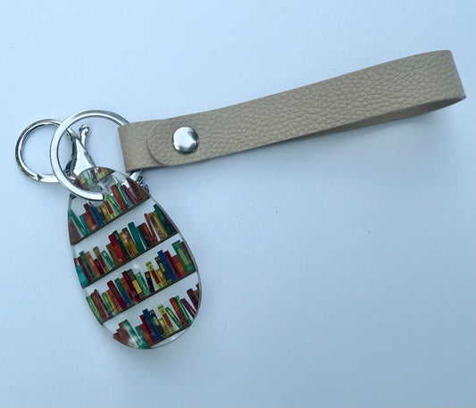 Book Lover Acrylic Keychain with Tan Faux Leather Strap