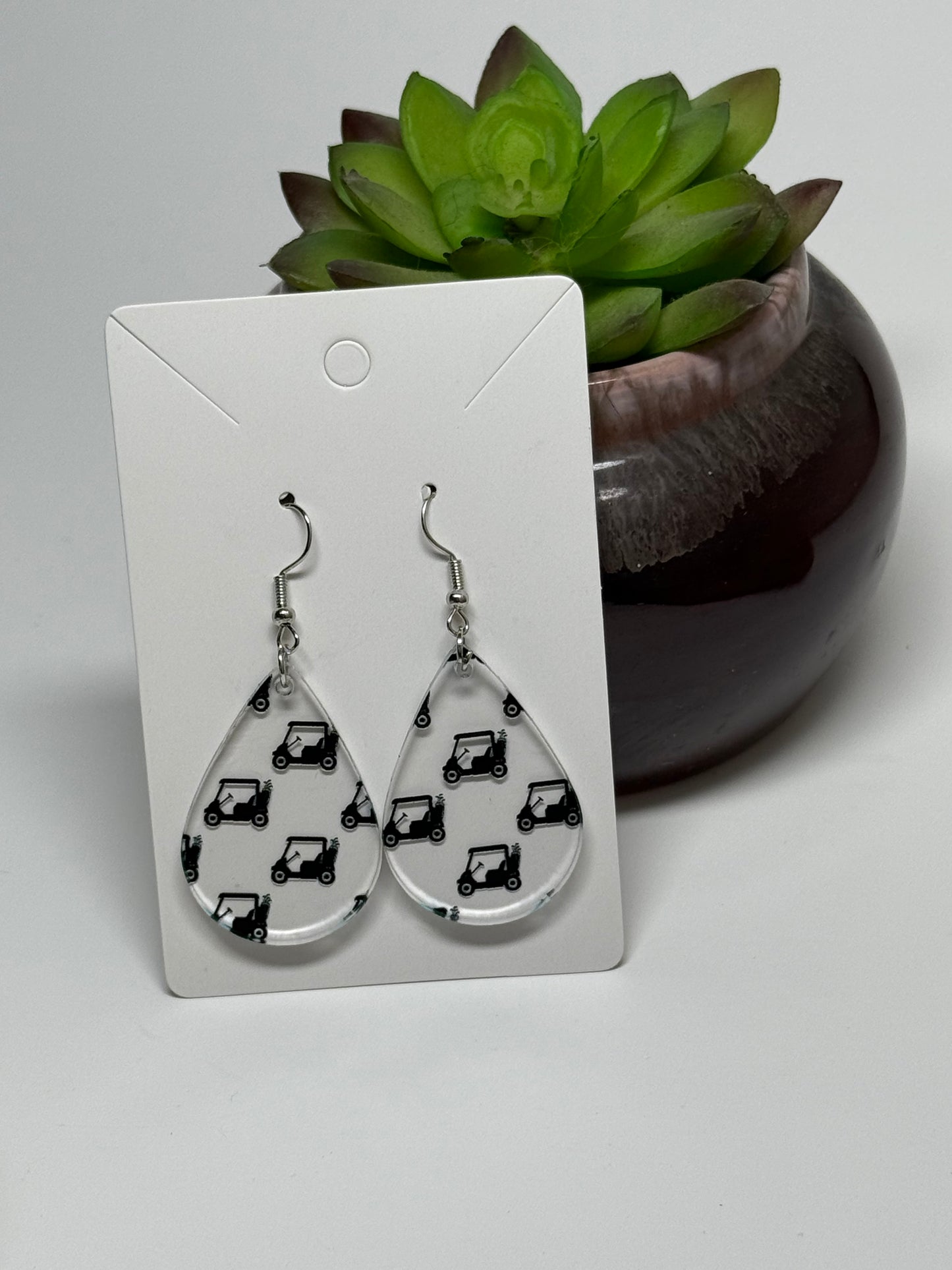 Golf Cart Earrings= Clear Acrylic Laser Cut