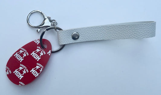 Wrestling Mom Acrylic Keychain with White Faux Leather Strap