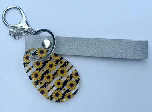 Sunflower Acrylic Keychain with Gray Faux Leather Strap