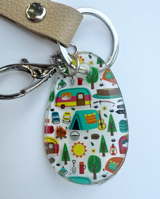 Camper Acrylic Keychain with Light Brown Faux Leather Strap