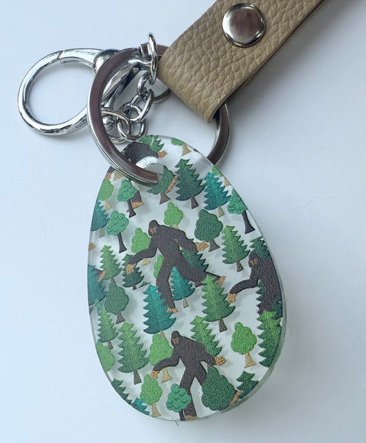 Bigfoot Acrylic Keychain with Tan Faux Leather Strap